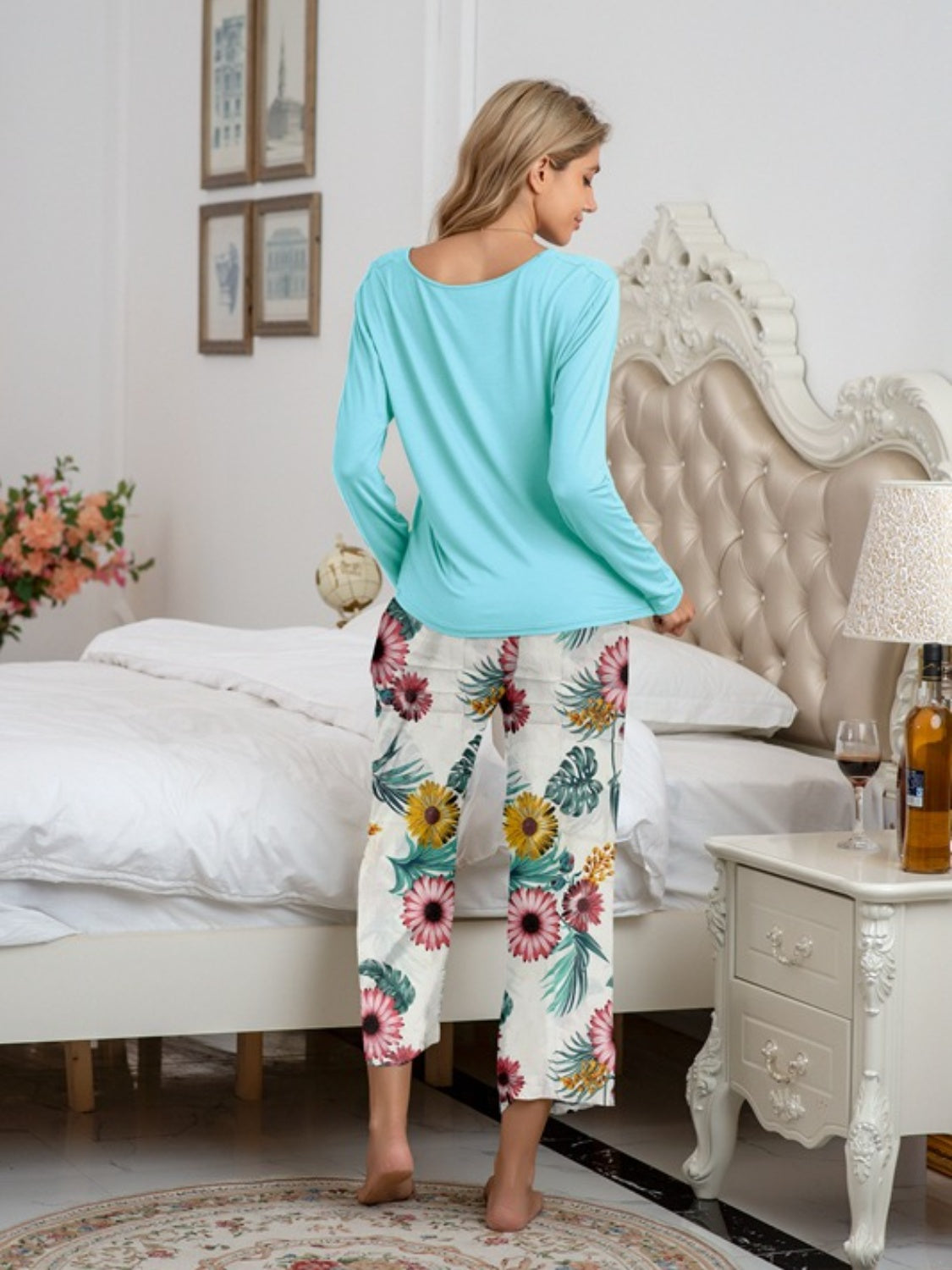 Round Neck Top and Printed Pants Lounge Set - Multiple Pattern Options