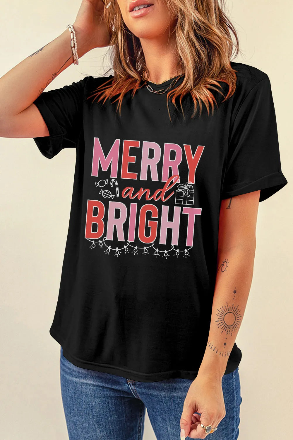 Merry and Bright Round Neck Short Sleeve T-Shirt