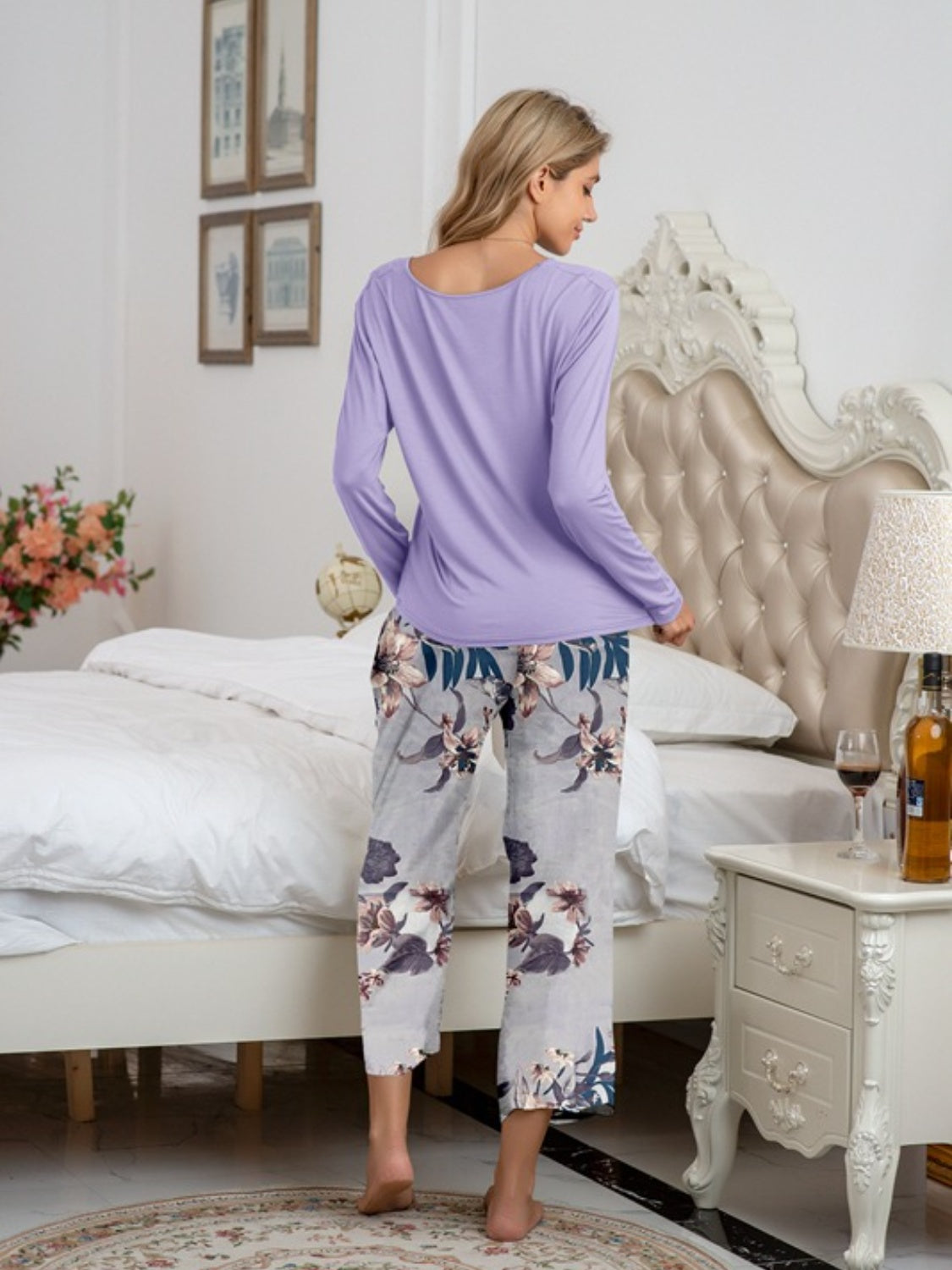 Round Neck Top and Printed Pants Lounge Set - Multiple Pattern Options