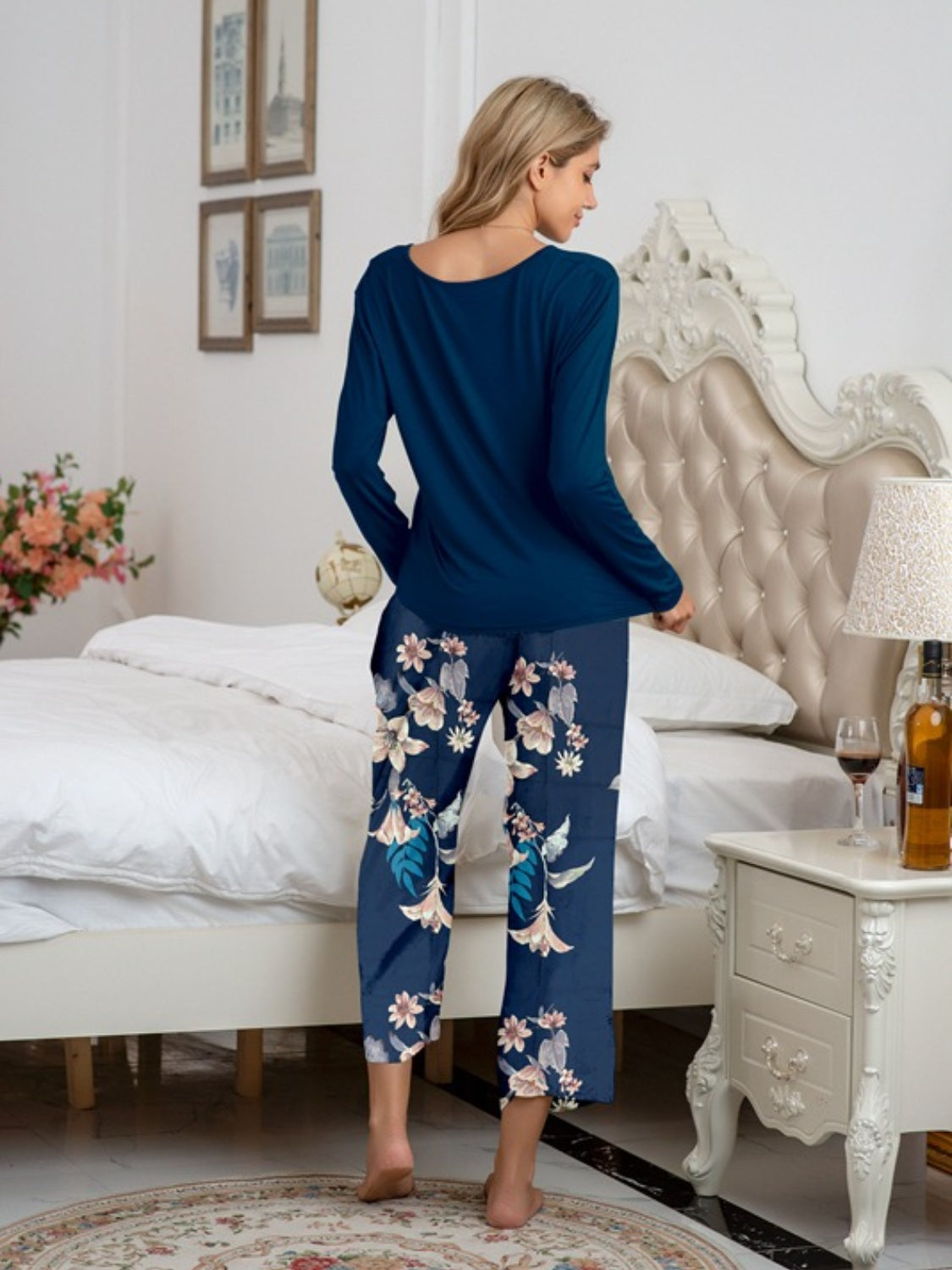 Round Neck Top and Printed Pants Lounge Set - Multiple Pattern Options