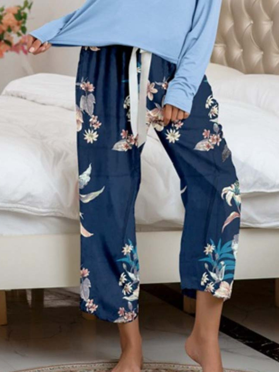 Round Neck Top and Printed Pants Lounge Set - Multiple Pattern Options