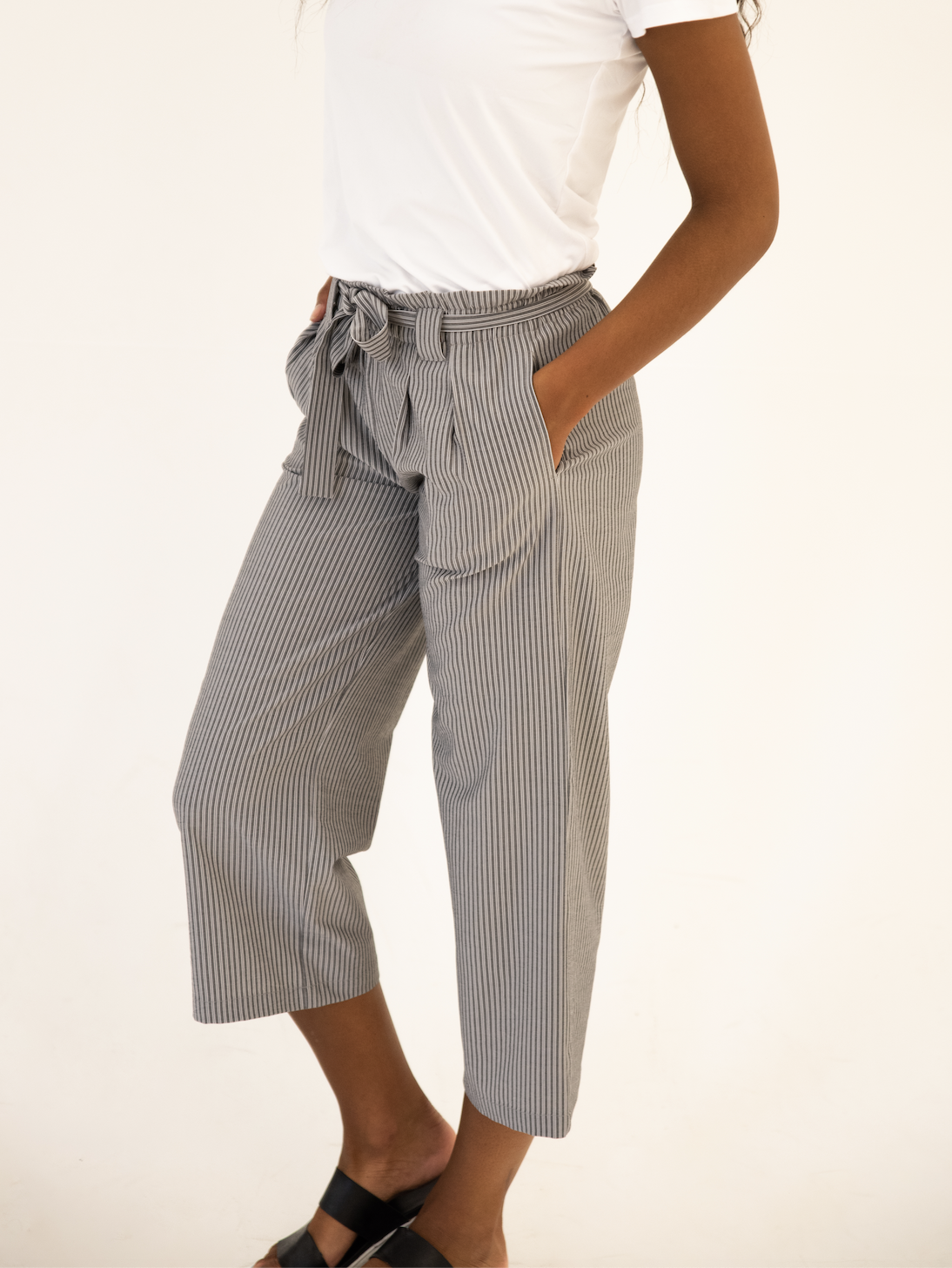 DT Belted Striped Palazzo Pants - grey and white