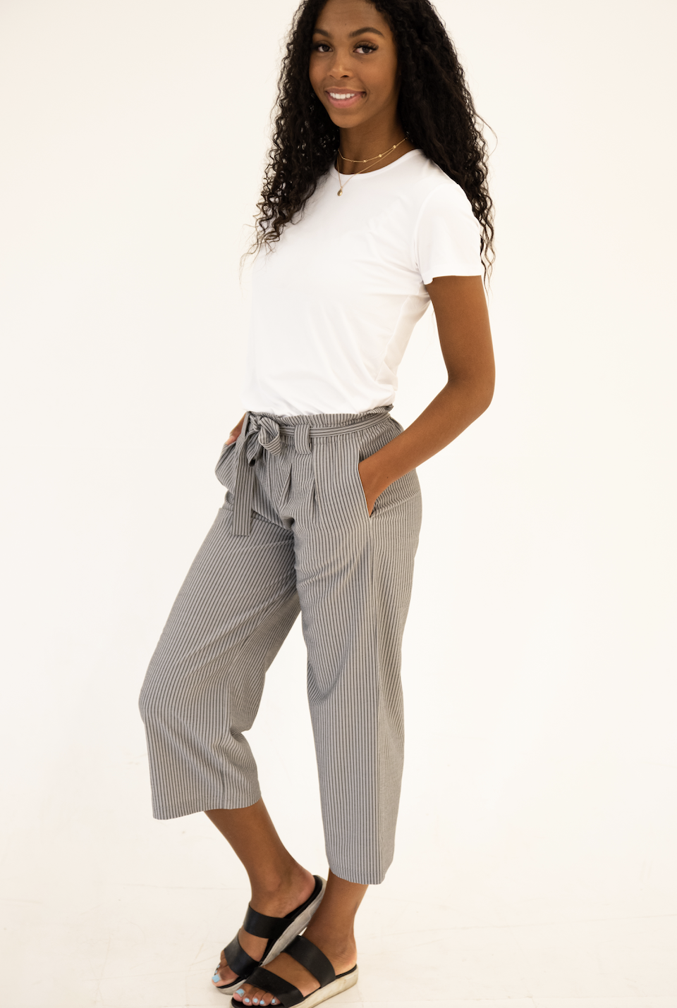 DT Belted Striped Palazzo Pants - grey and white