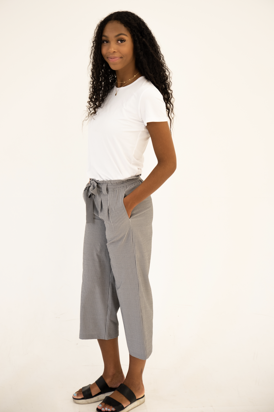 DT Belted Striped Palazzo Pants - grey and white