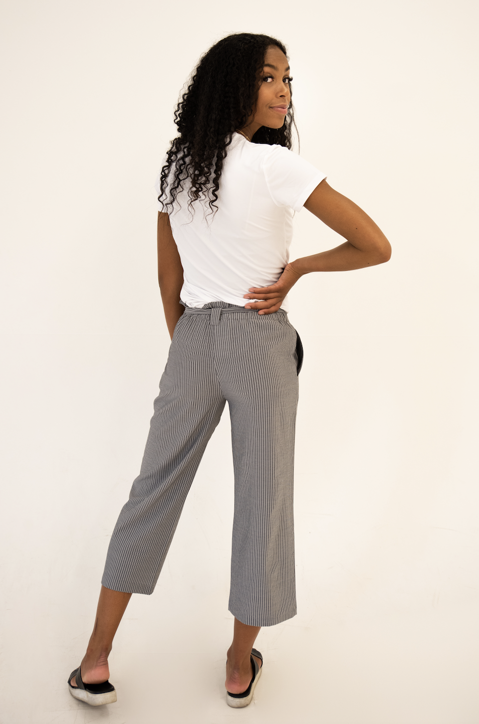 DT Belted Striped Palazzo Pants - grey and white