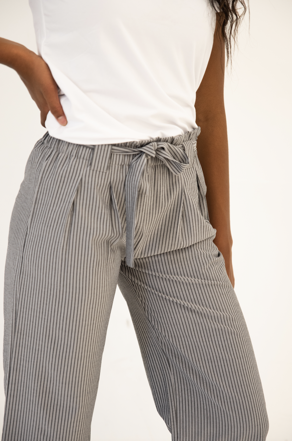 DT Belted Striped Palazzo Pants - grey and white