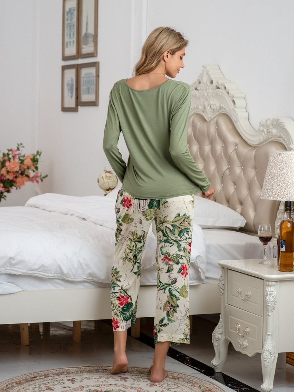 Round Neck Top and Printed Pants Lounge Set - Multiple Pattern Options