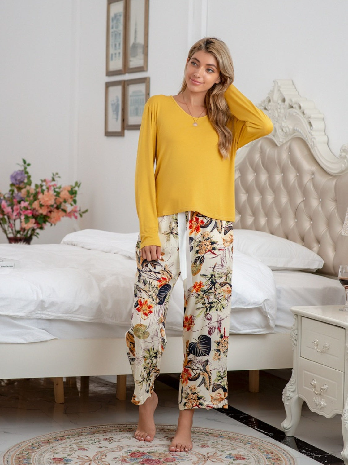 Round Neck Top and Printed Pants Lounge Set - Multiple Pattern Options