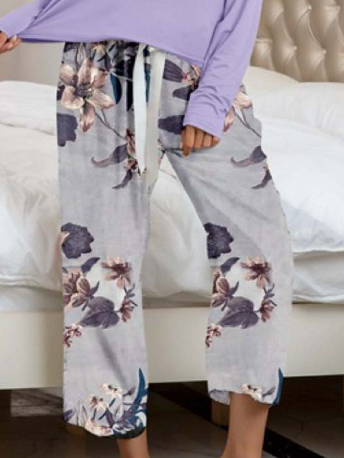 Round Neck Top and Printed Pants Lounge Set - Multiple Pattern Options