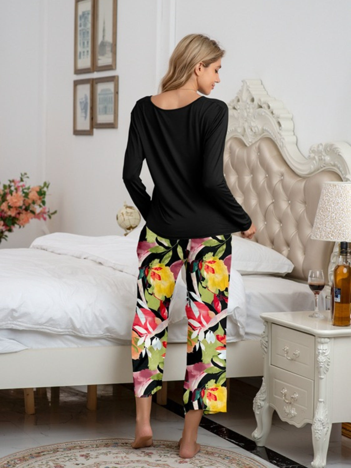 Round Neck Top and Printed Pants Lounge Set - Multiple Pattern Options