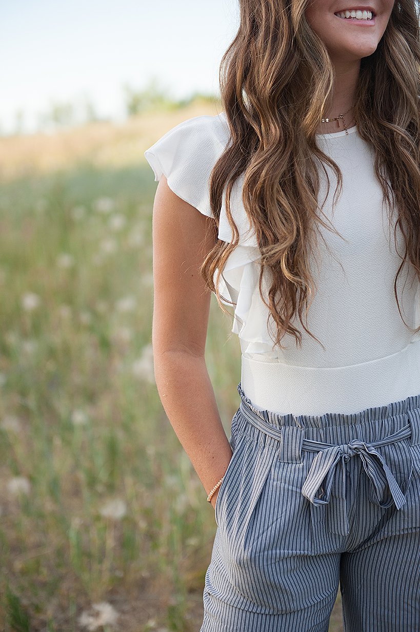 DT Belted Striped Palazzo Pants - grey and white