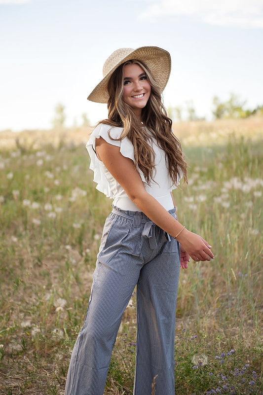 DT Belted Striped Palazzo Pants - grey and white